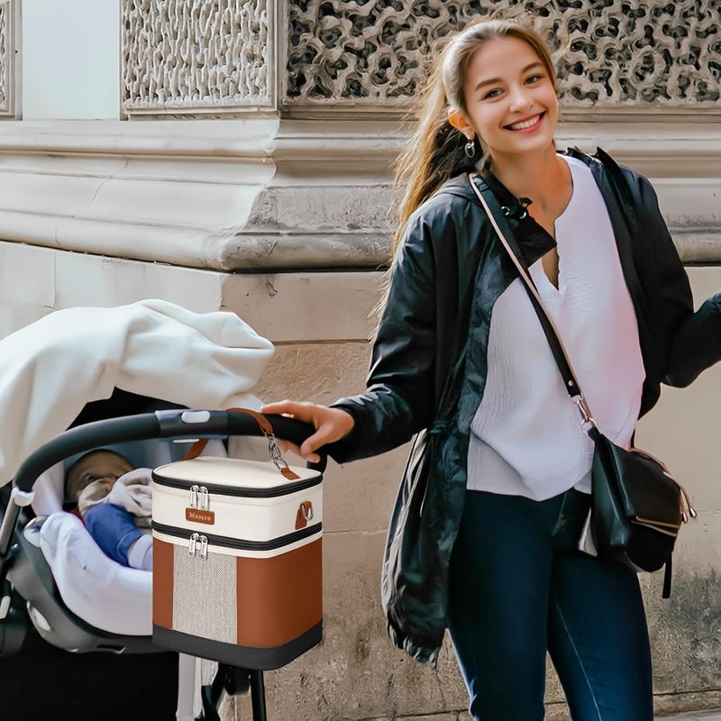 Mancro Breast milk Cooler Travel Bag Fits 6 Bottles Up to 9 Ounces，Double Layer Baby Bottle Cooler Bag with Ice Pack，Insulated Baby Bottle Bags for Daycare & Nursing Moms,Black and Brown - Image 2